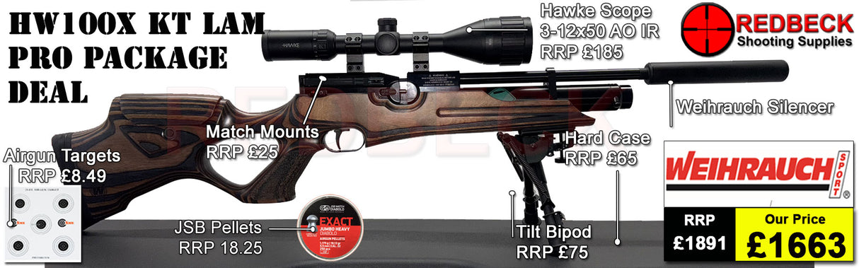Fully tested certificated quality air rifle.
Manufacturers Guarantee
Weihrauch HW100X KT Laminate
Weihrauch Silencer
Hawke 3-12x50 AO IR Scope
Match Mounts
2 Magazines
Fill Valve
ABS Hard Case
Replacement Bipod Stud
Tilt Bipod