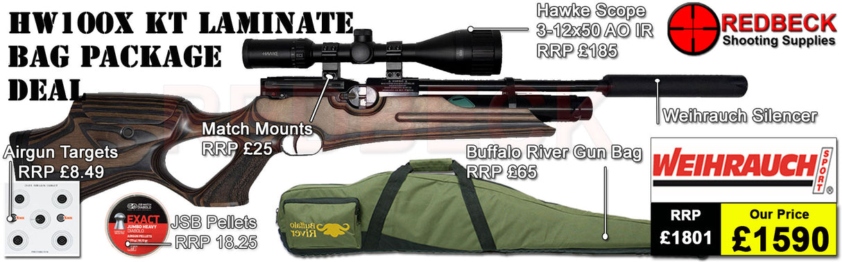 Weihrauch HW100X Laminate Adjustable Bag Package includes
A fully tested certificated quality rifle.
A detailed test certificate
Manufacturers Guarantee
Weihrauch HW 100 X Laminate
Hawke 3-12x50 AO IR Scope
Match Mounts
Buffalo River Gun bag
Pellets
Targets
2 magazines