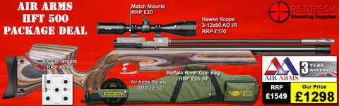 Air Arms HFT500 Target Rifle package deal includes Hawke scope 3-12x50AO IR, match mounts airgun bag and pellets.