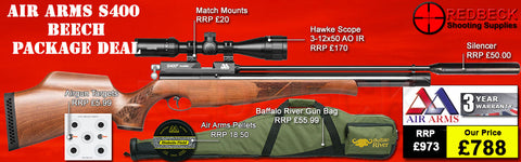 Air Arms S400 with beech stock package deal includes a Air Arms Silencer, Hawke 3-12x50 AO IR Scope, Match Mounts, Fill Valve, Pellets, Targets and Air Rifle Bag.