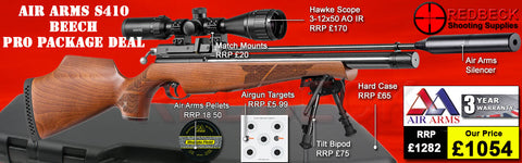 The Air Arms S410 Beech professional package deals includes the S400 beech rifle, Air Arms Silencer, Hawke 3-12x50 AO IR Scope, Match Mounts, Hardcase, Bipod and Stud, Pellets and Targets.