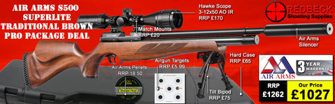 The Air Arms S500 Superlite Traditional Brown Professional air rifle package deal. The package deal comes with an Air Arms Silencer, Hawke 3-12x50 AO IR Scope, Match Mounts, Hard Case, Bipod Adapter and Tilt Bipod.