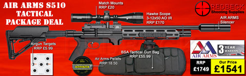 Air Arms S510 Tactical package deal includes a Air Arms Silencer, Hawke 3-12x50 AO IR Scope, Match Mounts, Fill Valve, Pellets, Targets and Air Rifle Bag.