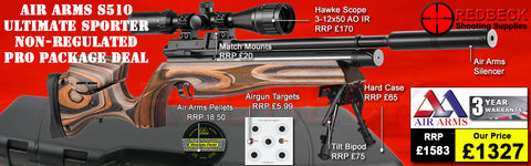 AIR ARMS S510 ULTIMATE SPORTER NON-REGULATED WITH LAMINATE STOCK PRO HARDCASE PACKAGE DEAL. THIS AIRGUN PACKAGE DEALS INCLUDES HAWKE SCOPE, MATCH MOUNTS, BIPOD, AIRRIFLE HARDCASE PELLETS AND TARGETS.