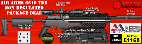 Air Arms S510 TDR Non Regulated Take Down Rifle with black tactical stock. .This Air Rifle package deal includes Hawke scope 3-12x50AO IR, match mounts targets and pellets.