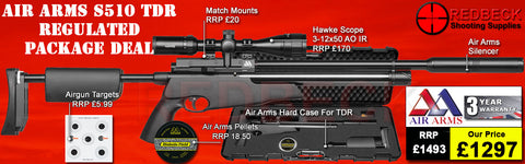 Air Arms S510 TDR R Regulated Black Tactical Take Down Rifle with black tactical stock. This Air Rifle package deal includes Hawke scope 3-12x50AO IR, match mounts targets and pellets.