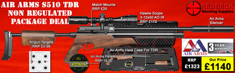 Air Arms S510 TDR Non Regulated Walnut airgun. This Air Rifle package deal includes Hawke scope 3-12x50AO IR, match mounts targets and pellets.