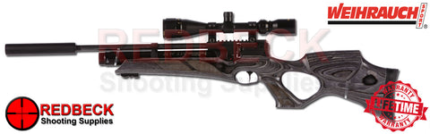 HW110 Laminate stock Weihrauch full length grey laminate thumbhole. Shown from left side angle fitted with silencer and scope in the picture.