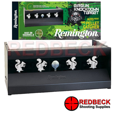 Gallery Reset Magnetic Knockdown in pellet catcher Squirrel Target with four knockdown targets and a reset disk.