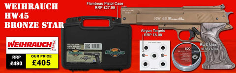 WEIHRAUCH HW45 BRONZE STAR AIR PISTOL PACKAGE DEAL INCLUDES HW45 BRONZE STAR PISTOL HARDCASE, PELLETS AND TARGETS.
