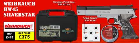 WEIHRAUCH HW45 SILVER STAR AIR PISTOL PACKAGE DEAL COMES WITH PELLETS TARGETS HARDCASE AND THE HW 45 SILVER STAR PISTOL