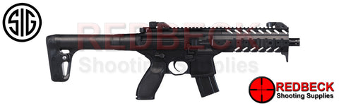 Sig Sauer CO2 MPX Black Airgun. This racrical looking airrifle offer a rapid fire exact replica of the sig rifle.