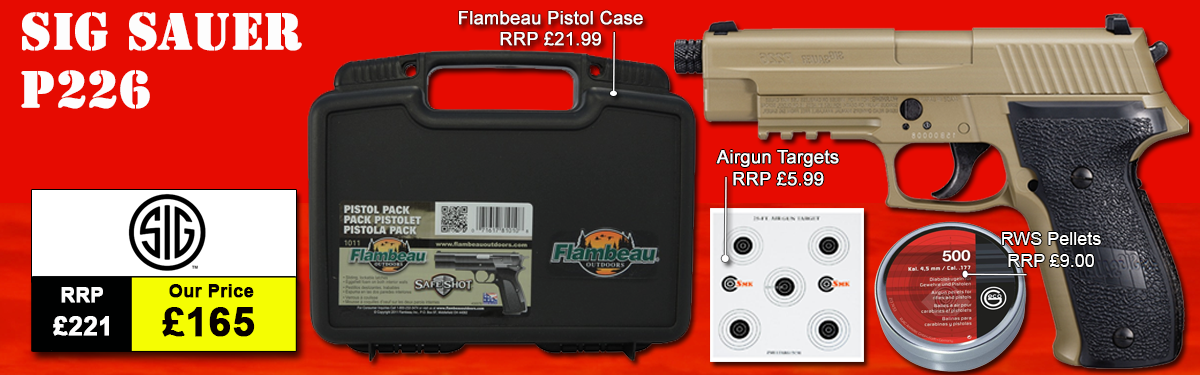 SIG SAUER P226 FDE PACKAGE DEAL INCLUDES SIG SAUER P226 IN FLAT DARK EARTH, PELLETS, TARGETS AND HARD CASE