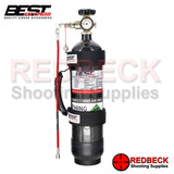 9 Litre airgun and airrifle charging cylinder. Picture shows close up of charging bottle carry strap heavy duty hose and detachable fittings.