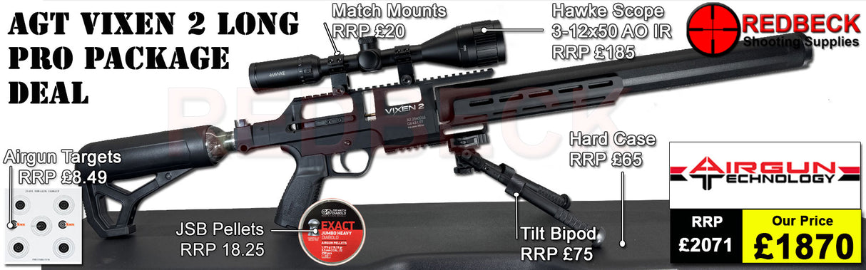 AGT AIRGUN TECHNOLOGY VIXEN 2 LONG PRO PACKAGE DEAL INCLUDES HAWKE 3-12X50 SCOPE, MATCH MOUNTS, WEAVER BIPOD, HARDCASE, PELLETS AND TARGETS.