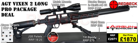 AGT AIRGUN TECHNOLOGY VIXEN 2 LONG PRO PACKAGE DEAL INCLUDES HAWKE 3-12X50 SCOPE, MATCH MOUNTS, WEAVER BIPOD, HARDCASE, PELLETS AND TARGETS.