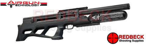 AGT AIRGUN TECHNOLOGY VULCAN 3 AIR RIFLE WITH BLACK SYNTHETIC STOCK SHOWN WITH 500MM BARREL AND CARBON BOTTLE.