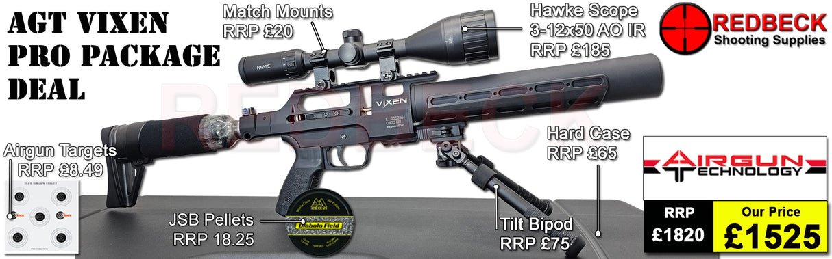 AGT AIRGUN TECHNOLOGY VIXEN SHORT PRO PACKAGE DEAL INCLUDES HAWKE 3-12X50 SCOPE, MATCH MOUNTS, WEAVER BIPOD, HARDCASE, PELLETS AND TARGETS.