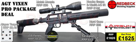 AGT AIRGUN TECHNOLOGY VIXEN SHORT PRO PACKAGE DEAL INCLUDES HAWKE 3-12X50 SCOPE, MATCH MOUNTS, WEAVER BIPOD, HARDCASE, PELLETS AND TARGETS.