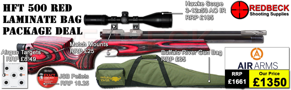 Air Arms HFT500 Target Rifle package deal includes Hawke scope 3-12x50AO IR, match mounts airgun bag and pellets.