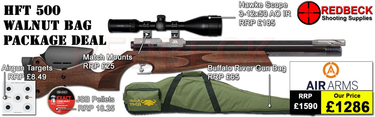 Air Arms HFT500 Target Rifle package deal includes Hawke scope 3-12x50AO IR, match mounts airgun bag and pellets.