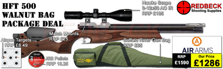 Air Arms HFT500 Target Rifle package deal includes Hawke scope 3-12x50AO IR, match mounts airgun bag and pellets.