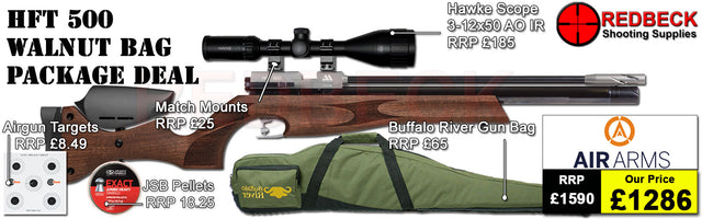 Air Arms HFT500 Target Rifle package deal includes Hawke scope 3-12x50AO IR, match mounts airgun bag and pellets.