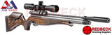 The Air Arms Kymira limited edition air rifle shown from and angle on right hand side. Picture shows titanium cylinder, silencer and stunning walnut stock.