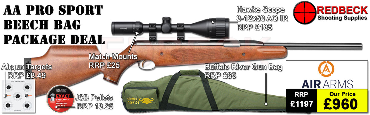 Air Arms Pro Sport Beech air rifle
Hawke 3-12x50 AO IR Scope
Match Mounts
Buffalo River Gun Bag
JSB Pellets