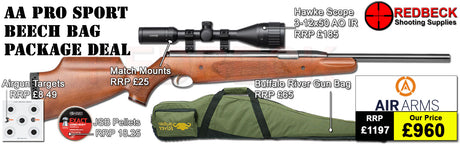 Air Arms Pro Sport Beech air rifle
Hawke 3-12x50 AO IR Scope
Match Mounts
Buffalo River Gun Bag
JSB Pellets