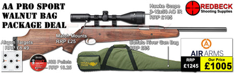 Air Arms&nbsp;Pro Sport Walnut air rifle
Hawke 3-12x50 AO IR Scope
Match Mounts
Buffalo River Gun Bag