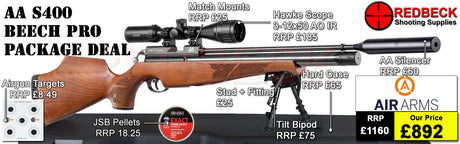 Air Arms S400 Beech Rifle
Air Arms Silencer&nbsp;
Hawke 3-12x50 AO IR Scope
Match Mounts
Fill Valve
Hard Case
Bipod Adapter
Tilt Bipod