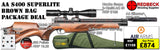 The Air Arms S400 Superlite Traditional Brown Bag package deal. The deals includes a Air Arms Silencer, Hawke 3-12x50 AO IR Scope, Match Mounts, Fill Valve, Pellets, Targets and Air Rifle Bag.