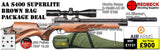 The Air Arms S400 Superlite Traditional Brown Bag package deal. The deals includes a Air Arms Silencer, Hawke 3-12x50 AO IR Scope, Match Mounts, Fill Valve, Pellets, Targets and Air Rifle Bag.