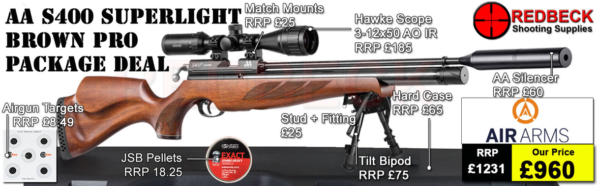 Air Arms S400 Superlite&nbsp;Traditional Brown
Air Arms Silencer&nbsp;
Hawke 3-12x50 AO IR Scope
Match Mounts
Fill Valve
Hard Case
Bipod Stud
Tilt Bipod