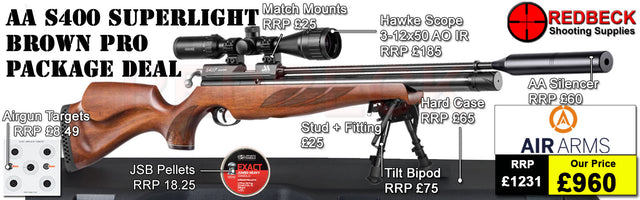 Air Arms S400 Superlite&nbsp;Traditional Brown
Air Arms Silencer&nbsp;
Hawke 3-12x50 AO IR Scope
Match Mounts
Fill Valve
Hard Case
Bipod Stud
Tilt Bipod