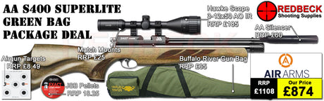Air Arms S400&nbsp;Super light air rifle
Air Arms Silencer&nbsp;
Hawke 3-12x50 AO IR Scope
Match Mounts
Fill Valve
Pellets
Targets
Buffalo River Bag