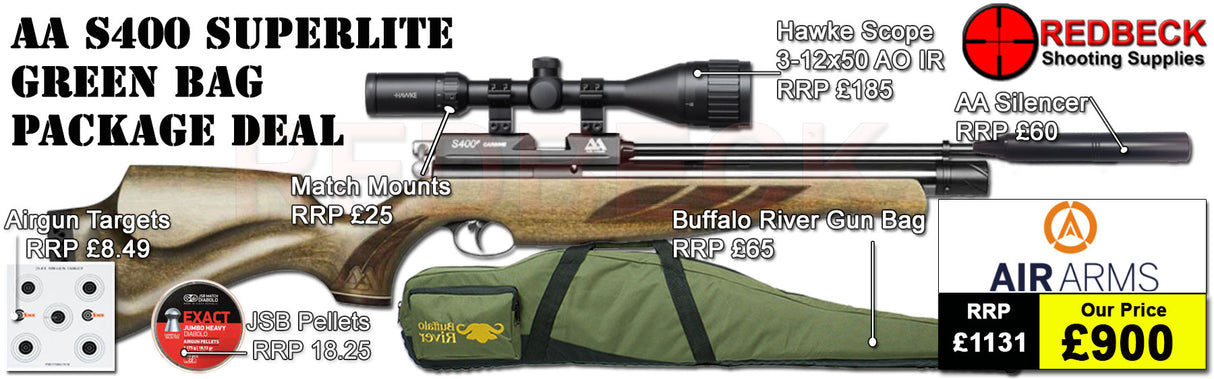 Air Arms S400&nbsp;Super light air rifle
Air Arms Silencer&nbsp;
Hawke 3-12x50 AO IR Scope
Match Mounts
Fill Valve
Pellets
Targets
Buffalo River Bag