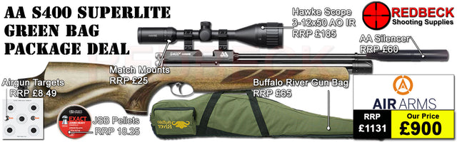 Air Arms S400&nbsp;Super light air rifle
Air Arms Silencer&nbsp;
Hawke 3-12x50 AO IR Scope
Match Mounts
Fill Valve
Pellets
Targets
Buffalo River Bag