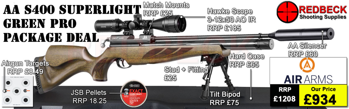 Air Arms S400 Superlite Hunter Green
Air Arms Silencer&nbsp;
Hawke 3-12x50 AO IR Scope
Match Mounts
Fill Valve
Hard Case
Bipod&nbsp;Stud
Tilt Bipod