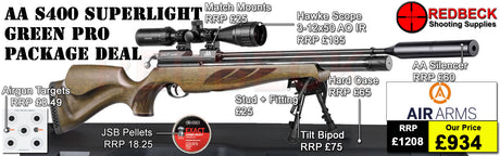 Air Arms S400 Superlite Hunter Green
Air Arms Silencer&nbsp;
Hawke 3-12x50 AO IR Scope
Match Mounts
Fill Valve
Hard Case
Bipod&nbsp;Stud
Tilt Bipod