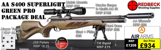 Air Arms S400 Superlite Hunter Green
Air Arms Silencer&nbsp;
Hawke 3-12x50 AO IR Scope
Match Mounts
Fill Valve
Hard Case
Bipod&nbsp;Stud
Tilt Bipod