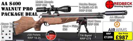 Air Arms S400 with Walnut Stock
Air Arms Silencer&nbsp;
Hawke 3-12x50 AO IR Scope
Match Mounts
Fill Valve
Hard Case
Bipod Adapter
Tilt Bipod