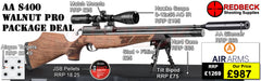 Air Arms S400 with Walnut Stock
Air Arms Silencer&nbsp;
Hawke 3-12x50 AO IR Scope
Match Mounts
Fill Valve
Hard Case
Bipod Adapter
Tilt Bipod
