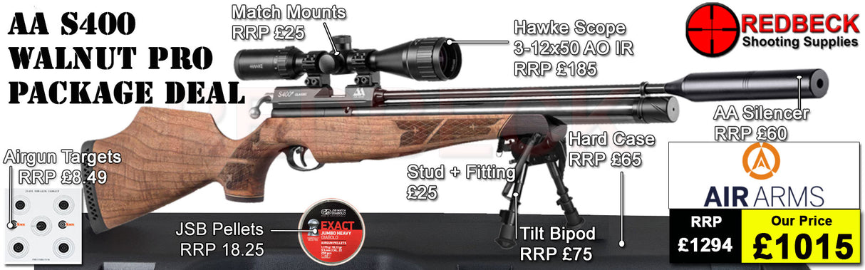 Air Arms S400 with Walnut Stock
Air Arms Silencer&nbsp;
Hawke 3-12x50 AO IR Scope
Match Mounts
Fill Valve
Hard Case
Bipod Adapter
Tilt Bipod