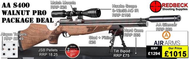 Air Arms S400 with Walnut Stock
Air Arms Silencer&nbsp;
Hawke 3-12x50 AO IR Scope
Match Mounts
Fill Valve
Hard Case
Bipod Adapter
Tilt Bipod