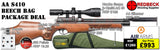 The Air Arms S410 Beech Bag package deal includes s410 with a beech stock, hawke 3-12x50 ao ir scope, match mounts, air arms silencer, airgun bag, pellets and targets.