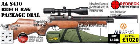 The Air Arms S410 Beech Bag package deal includes s410 with a beech stock, hawke 3-12x50 ao ir scope, match mounts, air arms silencer, airgun bag, pellets and targets.