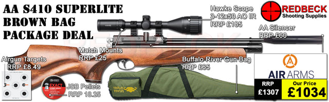 A fully tested certificated quality rifle.
A detailed test certificate
Manufacturers Guarantee
Air Arms S410&nbsp;Superlite air rifle
Air Arms Silencer&nbsp;
Hawke 3-12x50 AO IR Scope
Match Mounts
2 Magazines
Fill Valve
Pellets
Targets