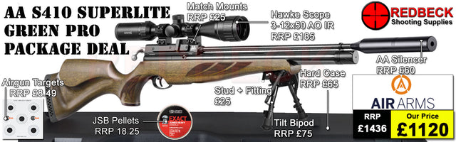 The Air Arms S410 Superlite Hunter Green professional package deals includes the super light S400 rifle, Air Arms Silencer, Hawke 3-12x50 AO IR Scope, Match Mounts, Hardcase, Bipod and Stud, Pellets and Targets.